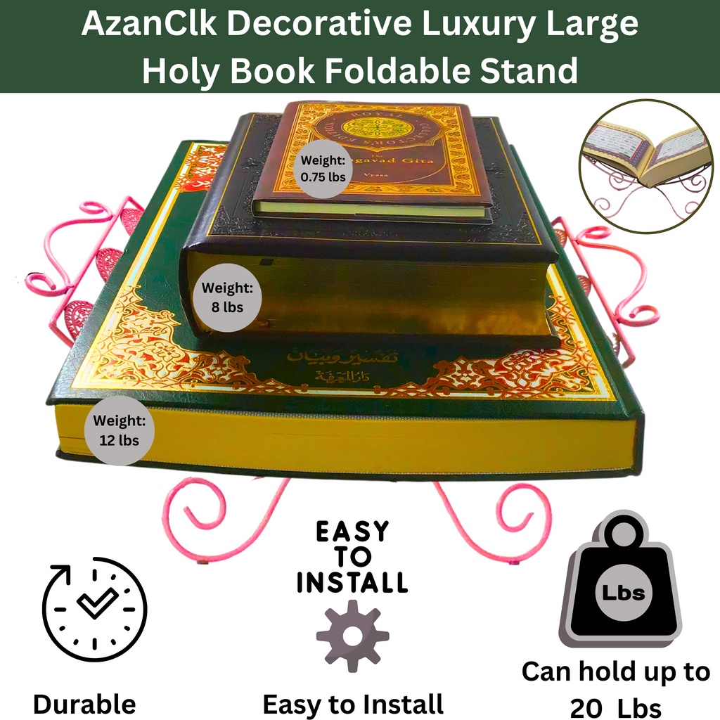 AzanClk Decorative Luxury Foldable Lightweight Metal Stand Rehal for Large Textbooks. Elegant Support for Bible, Quran, Geeta, and other Holy Books or Magazines (Pink)