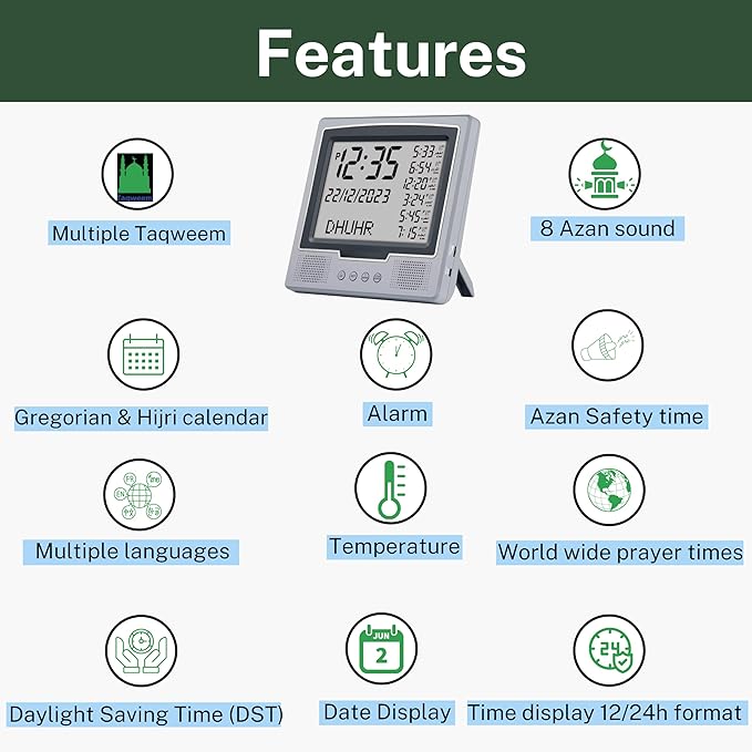 AzanClk Square Wall and Table Automatic Islamic Azan Athan Prayer Clock for USA and Canada with 8 Azan Sound and LCD Digital Display (Silver)