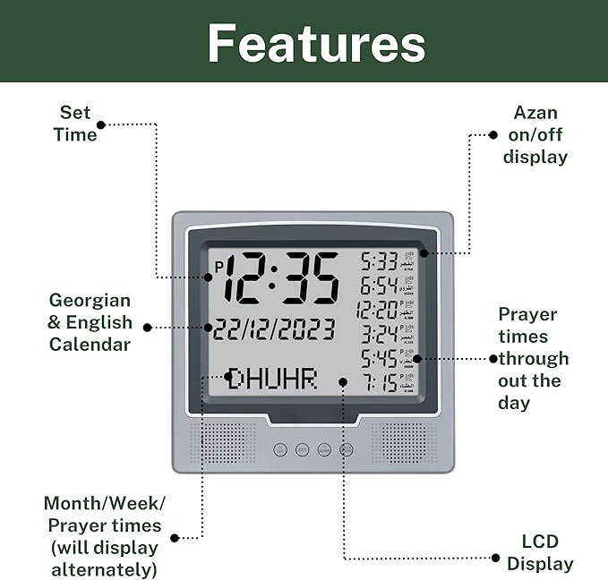 AzanClk Square Wall and Table Automatic Islamic Azan Athan Prayer Clock for USA and Canada with 8 Azan Sound and LCD Digital Display (Silver)