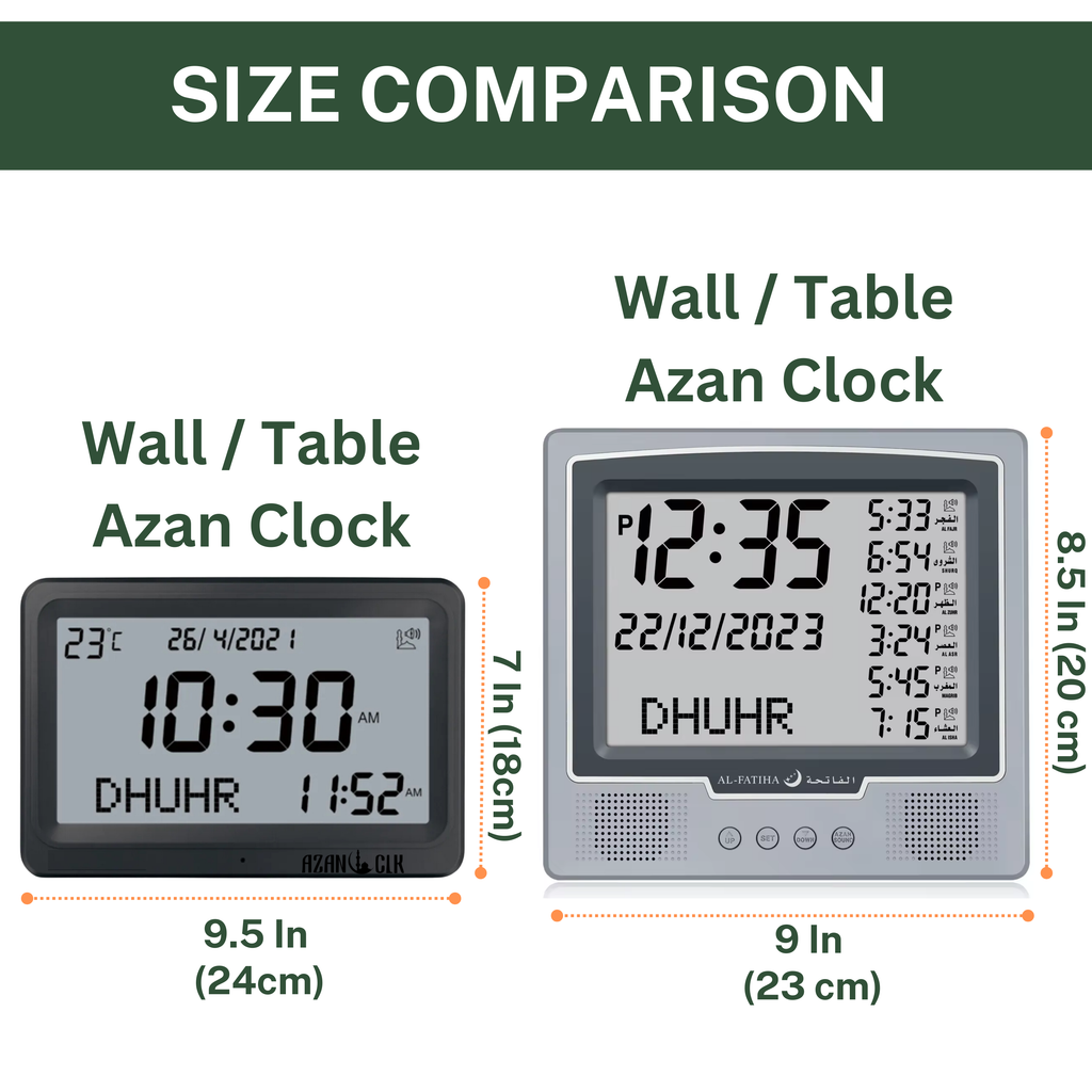 AzanClk Square Wall and Table Automatic Islamic Azan Athan Prayer Clock for USA and Canada with 8 Azan Sound and LCD Digital Display (Silver)
