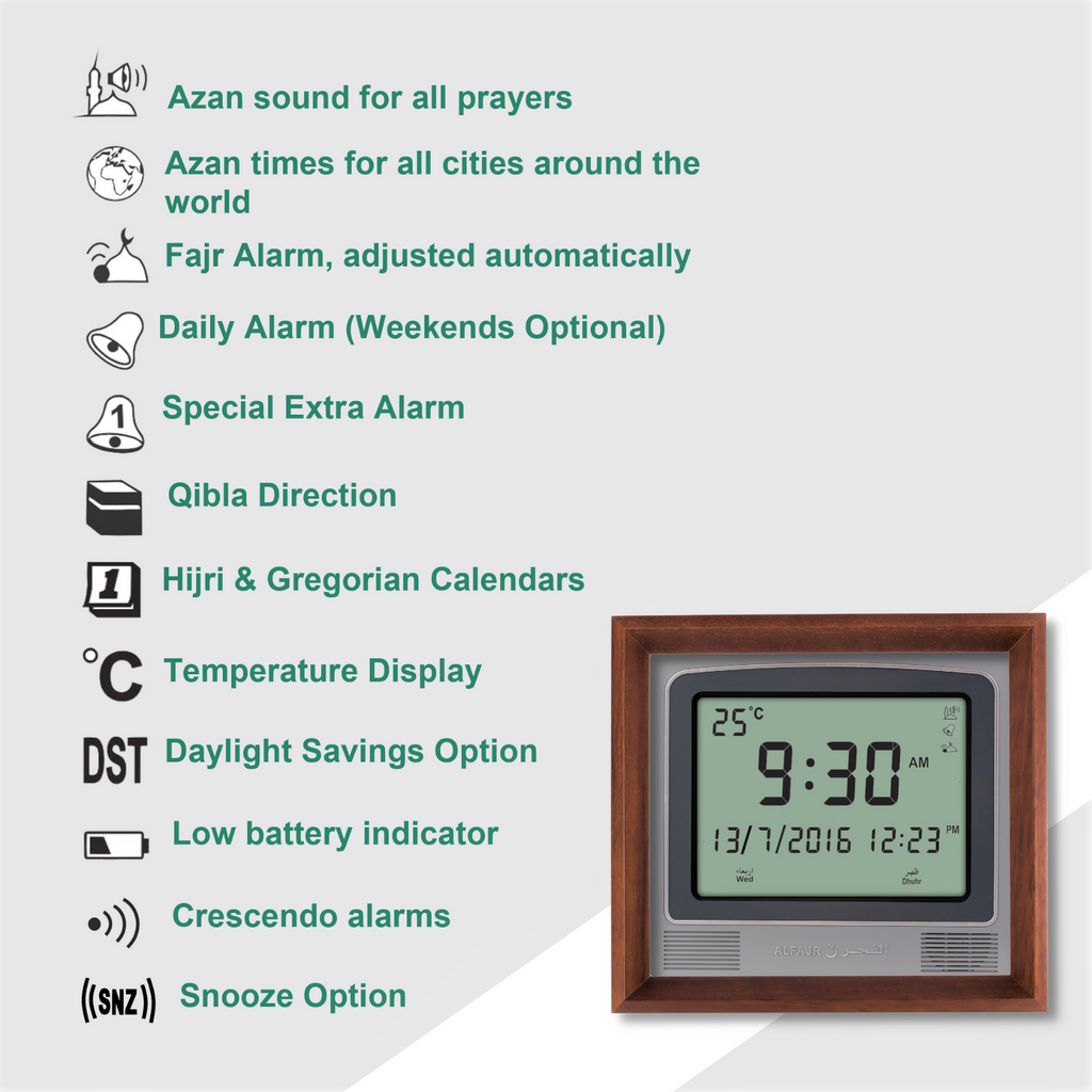 Alfajr CW-15 Azan Clock with Detachable Solid Wood Frame (Walnut)
