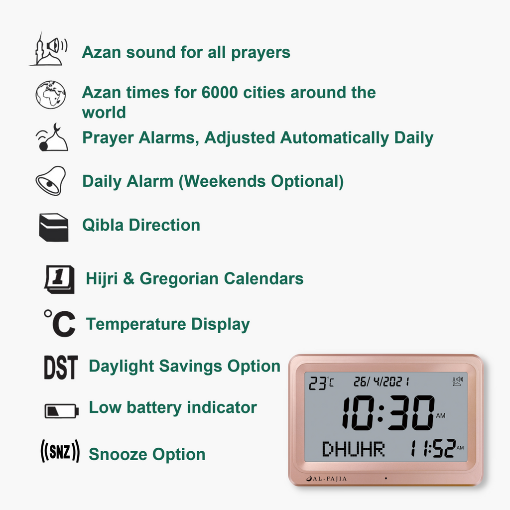AL-FAJIA Automatic Worldwide Digital 8 Azan Sounds Wall and Desk Clock FAJ-113 (Rose)