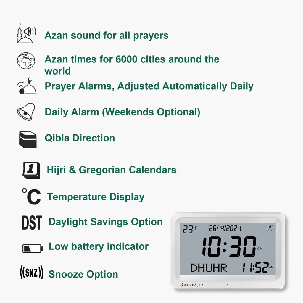 AL-FAJIA Automatic Worldwide Digital 8 Azan Sounds Wall and Desk Clock FAJ-113 (White)