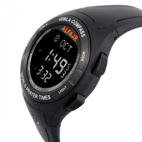 Alfajr WQ-18 Black Qibla Compass Azan Prayer Digital Watch With Round Dial
