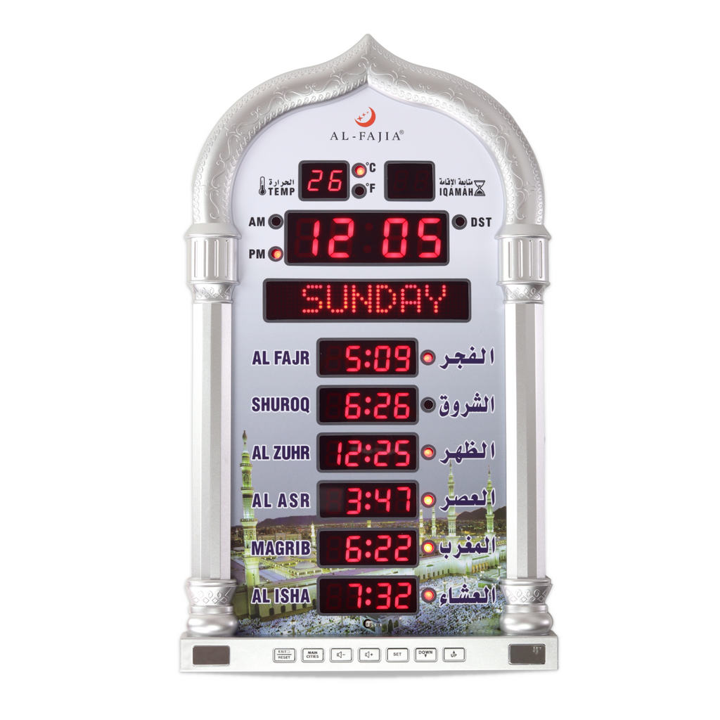 AL-FAJIA Automatic Worldwide Large Digital 8 Azan Sounds Wall and Desk Clock 4008-PRO (Silver)