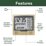 AzanClk Square Wall and Table Automatic Islamic Azan Athan Prayer Clock for USA and Canada with 8 Azan Sound and LCD Digital Display (Gold)