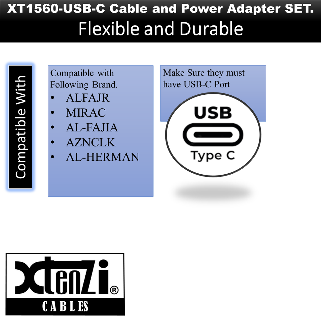 Xtenzi Home Wall Charger USB-C for Alfajr Islamic Azan Clocks CJ-17 CW-15 CA-21 CR-23