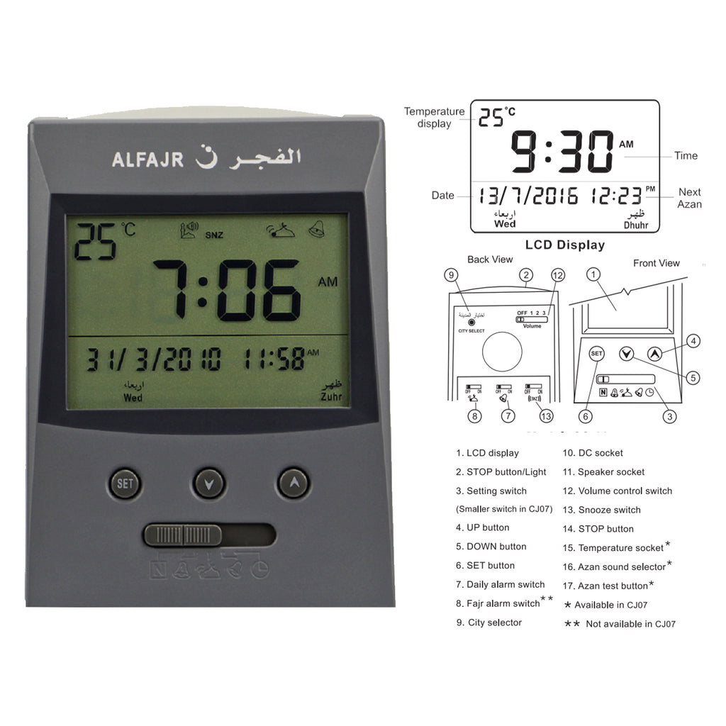 Alfajr Small Automatic Worldwide Digital Azan Prayer Table Desk Clock With Alert Option on LCD Display