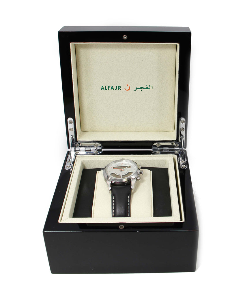 Alfajr WA-10L Stainless Steel Azan Prayer Watch With Beautiful Black Box with Metal Hinges and Ivory lining
