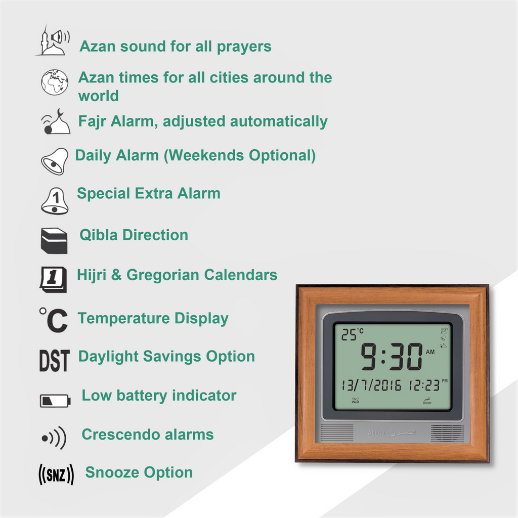 Alfajr CW-15 Azan Clock with Detachable Polymer Frame (Two-Tone Light Wood)