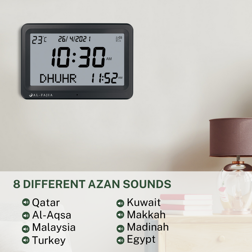AL-FAJIA Automatic Worldwide Digital 8 Azan Sounds Wall and Desk Clock FAJ-113 (Jet Black)