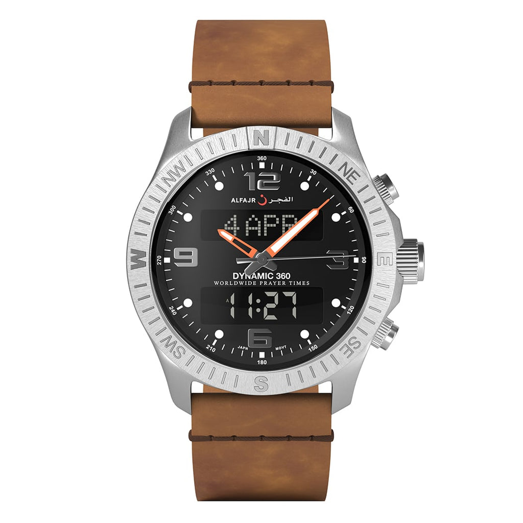 Alfajr WH-24 Dynamic 360 Leather Azan Wrist Watch - Silver Dial