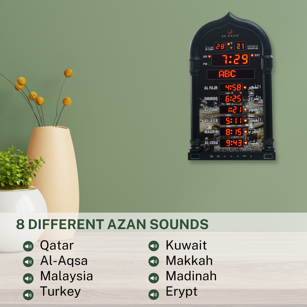 AL-FAJIA Automatic Worldwide Large Digital 8 Azan Sounds Wall and Desk Clock 4008-PRO (Black)