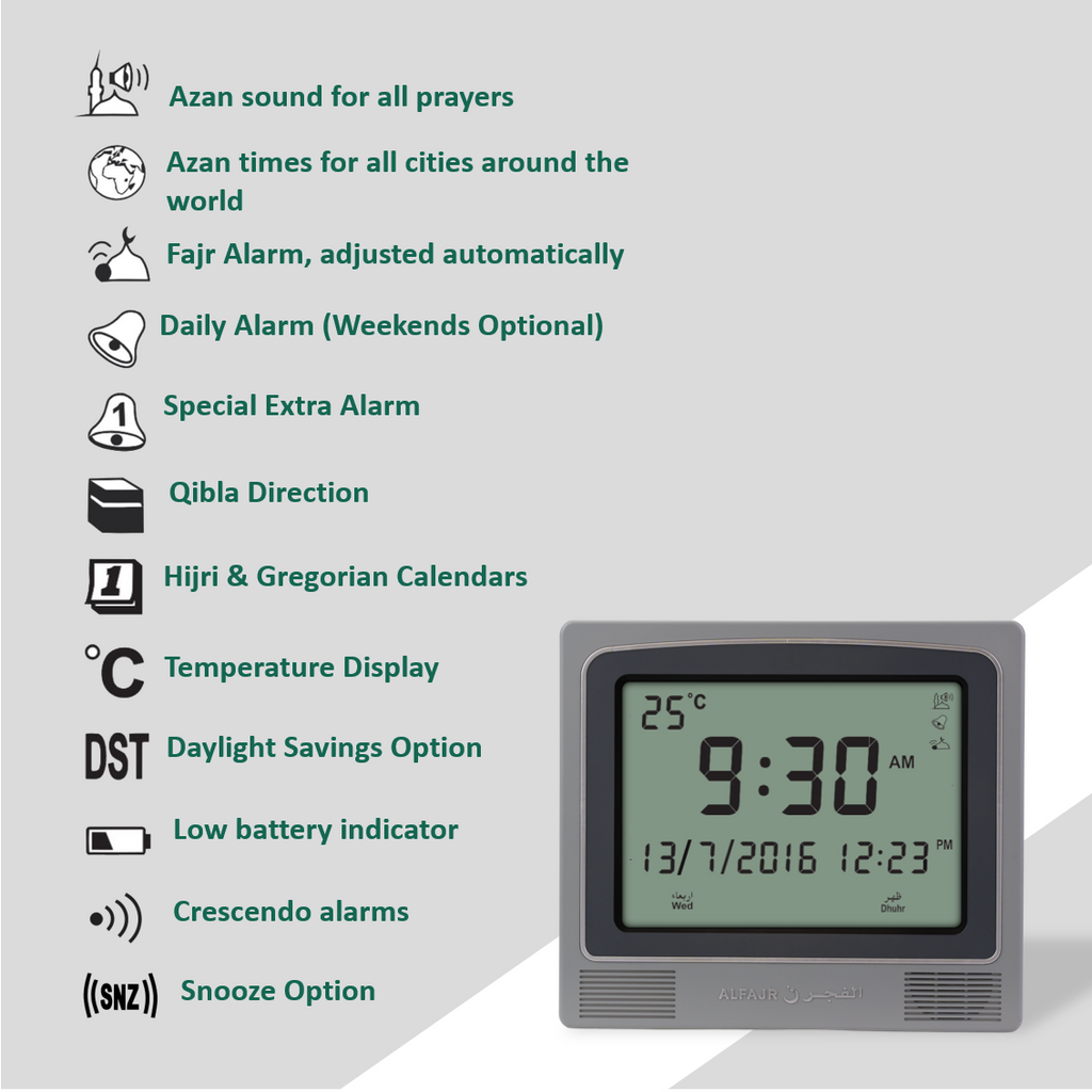 Alfajr Square Wall & Table Automatic Islamic Azan Adhan Prayer Clock With Multiple Features